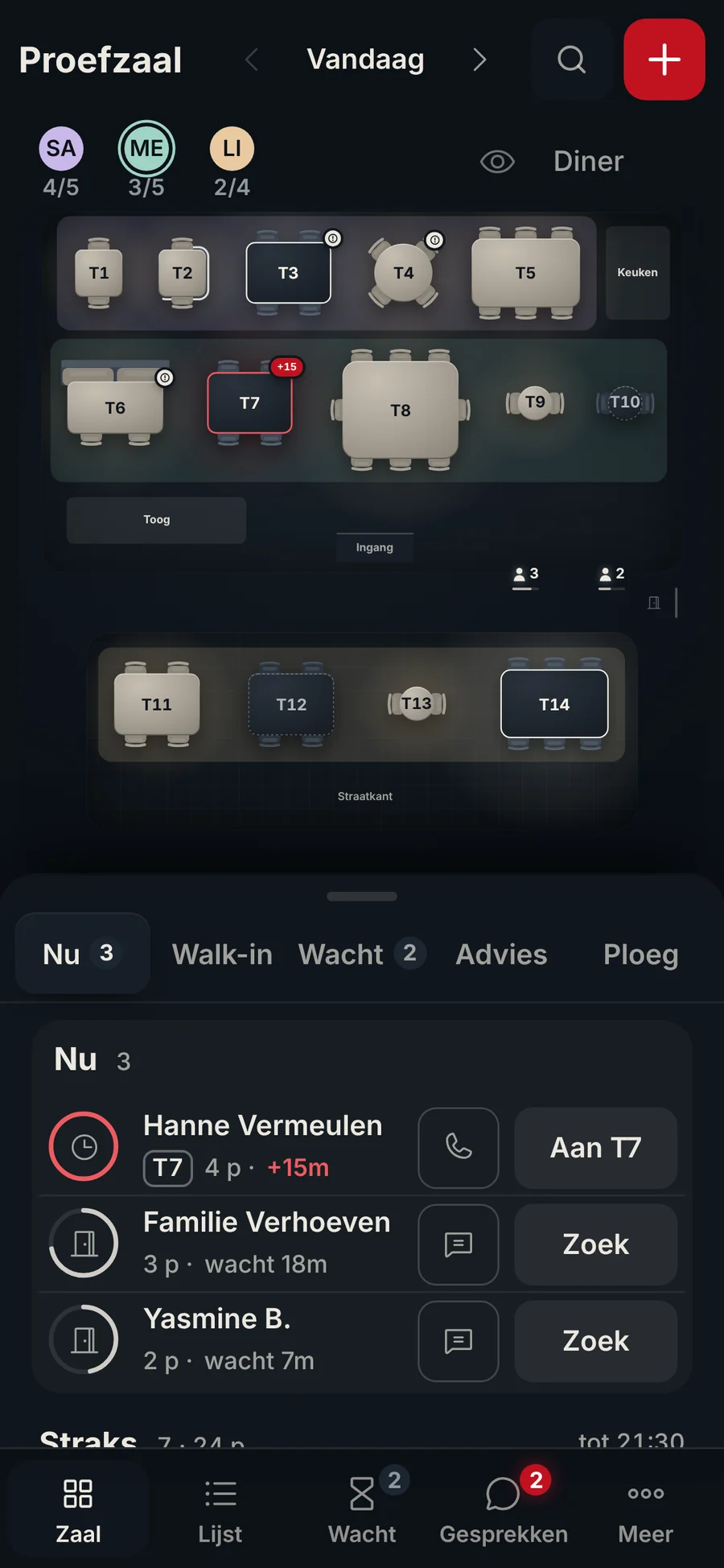 De Zaal op een telefoon, zaterdag 20:20: tafel 7 een kwartier te laat, drie gezelschappen nu