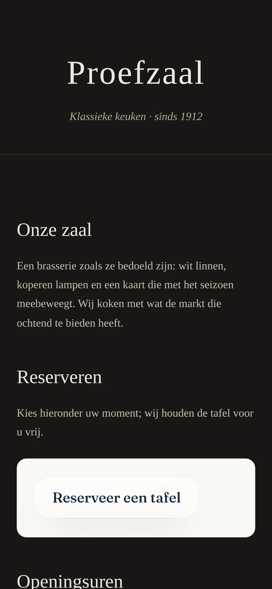 De site van de zaak, met de knop Reserveer een tafel